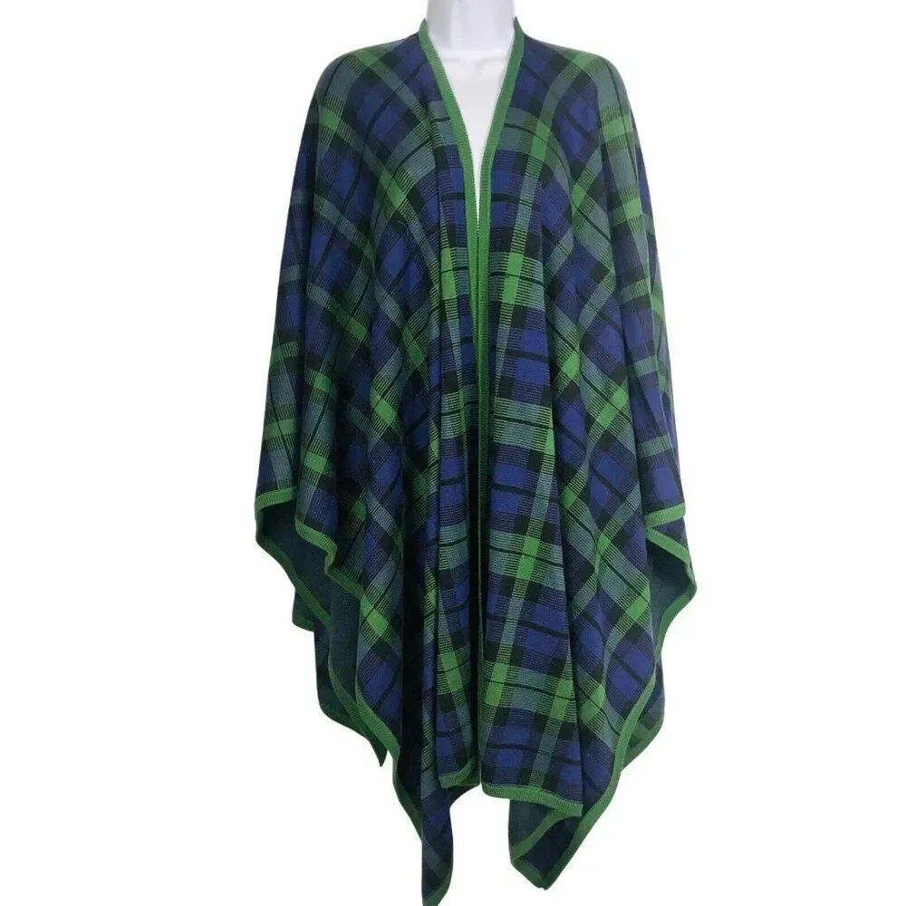 Jeffrey Banks Womens One Size Green Blue Black Plaid Shawl Wrap Scottish New